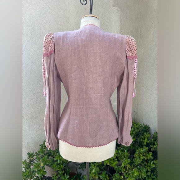 Vintage glam blazer jacket dusty rose linen faux suede floral beads Med La Foret - Picture 2 of 14